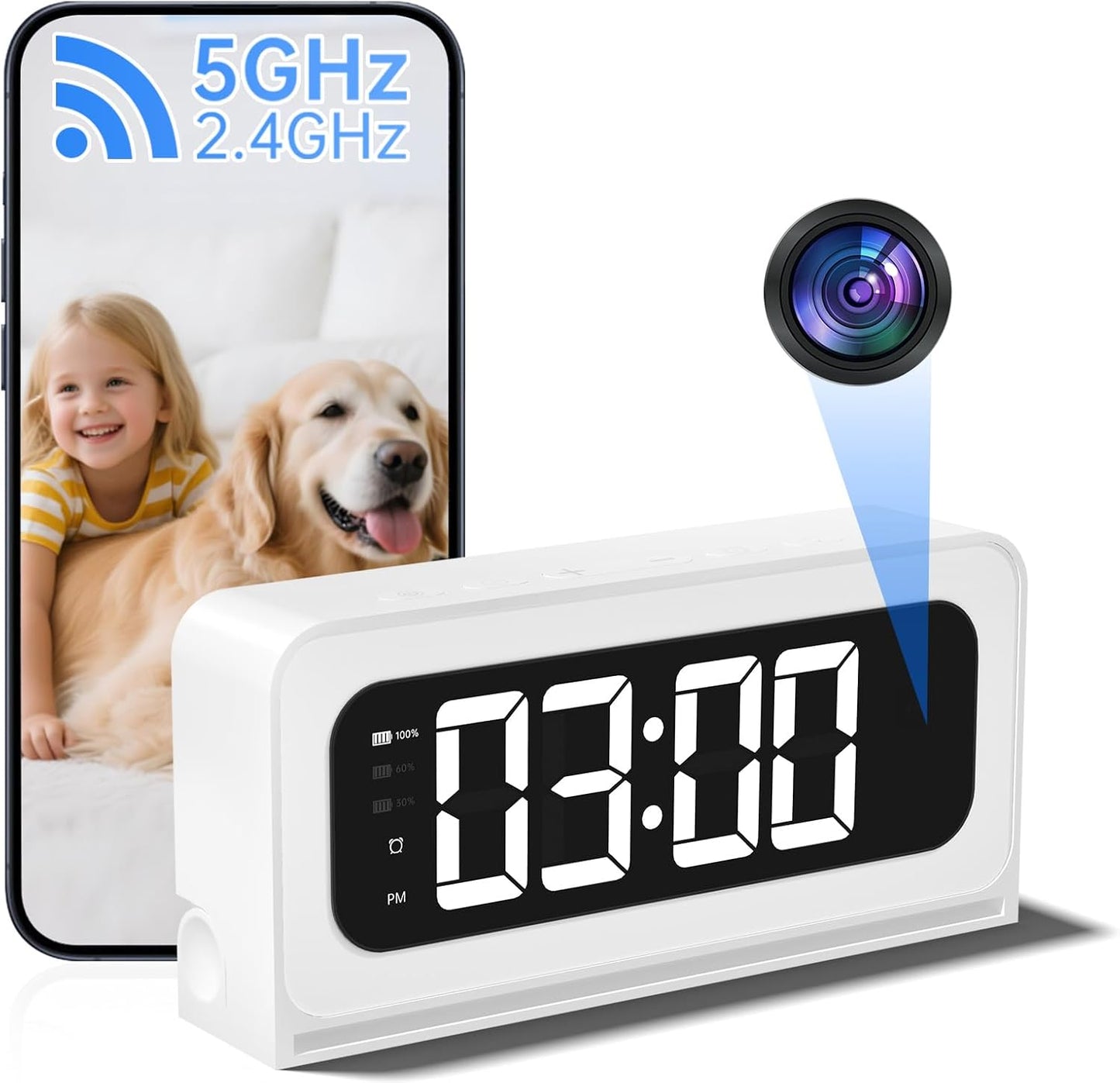 2K Smart Clock Camera White, 5G&2.4G Wifi Nanny Cam Wireless Indoor Camera, Cameras for Home Security, AI Human Detection and Alarm, 2 Way Talk, 360°PTZ, Color Night Vision, Compatible with Alexa