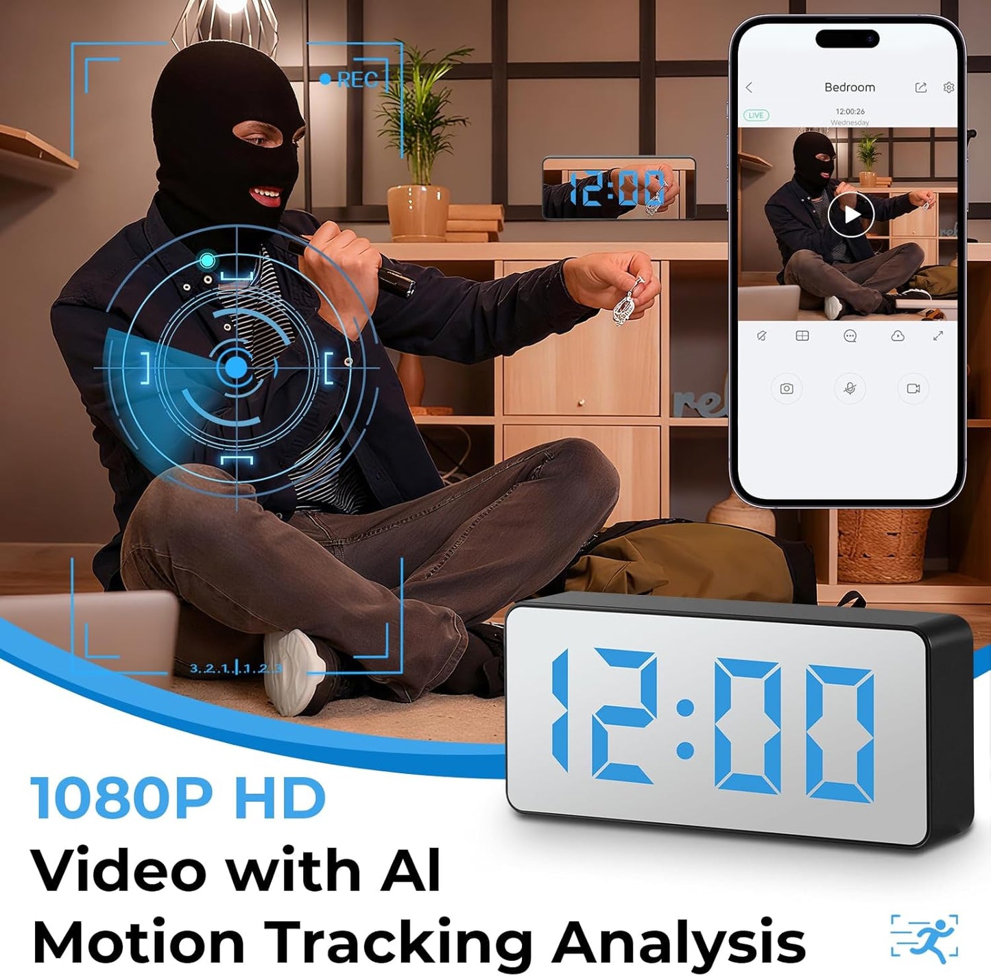 Hidden Camera Clock 1080P spy Clock,Nanny cam,WiFi Enabled, 150° Wide Angle Lens, Night Vision, Remote Monitoring — Ideal for Spy Surveillance & Nanny Monitoring