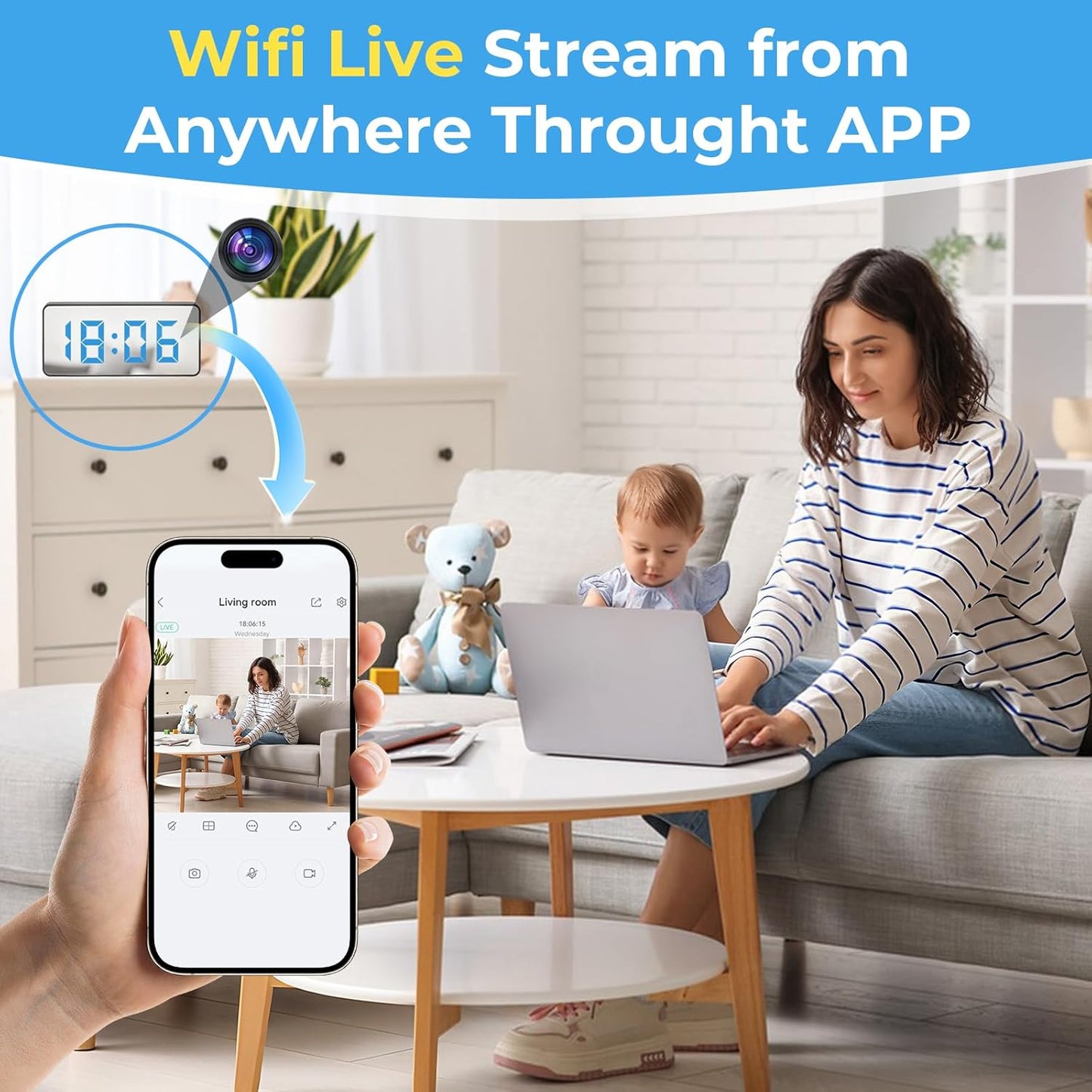 Hidden Camera Clock 1080P spy Clock,Nanny cam,WiFi Enabled, 150° Wide Angle Lens, Night Vision, Remote Monitoring — Ideal for Spy Surveillance & Nanny Monitoring