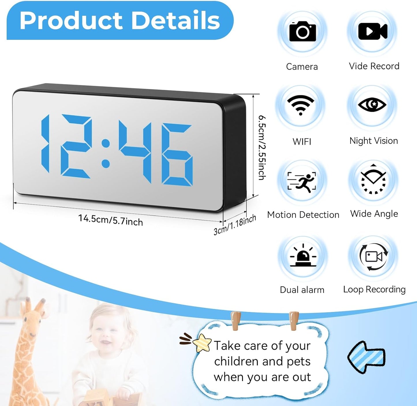 Hidden Camera Clock 1080P spy Clock,Nanny cam,WiFi Enabled, 150° Wide Angle Lens, Night Vision, Remote Monitoring — Ideal for Spy Surveillance & Nanny Monitoring