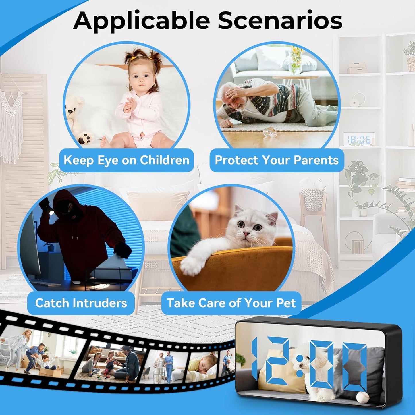 Hidden Camera Clock 1080P spy Clock,Nanny cam,WiFi Enabled, 150° Wide Angle Lens, Night Vision, Remote Monitoring — Ideal for Spy Surveillance & Nanny Monitoring