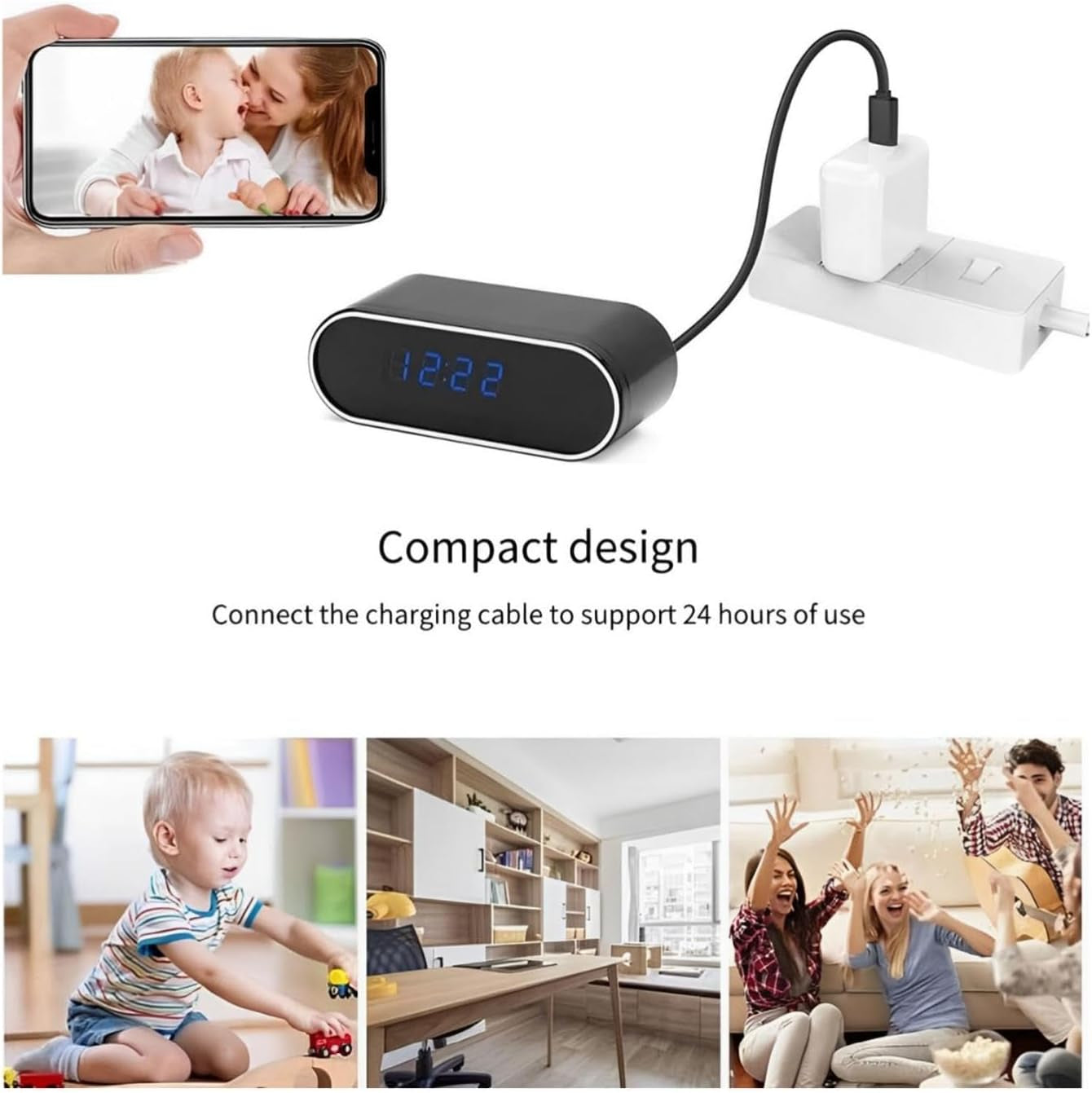 Hidden Camera Clock High-Definition 1080P Wireless Camera, Home Indoor Security Spy Camera, Monitoring with Motion Detection and Night Vision Function, Indoor Nanny Camera