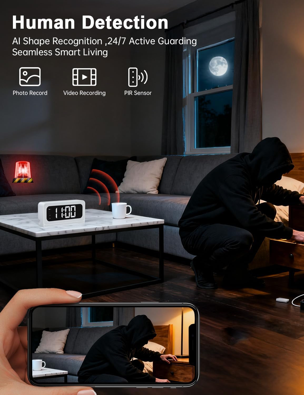 2K Smart Clock Camera White, 5G&2.4G Wifi Nanny Cam Wireless Indoor Camera, Cameras for Home Security, AI Human Detection and Alarm, 2 Way Talk, 360°PTZ, Color Night Vision, Compatible with Alexa